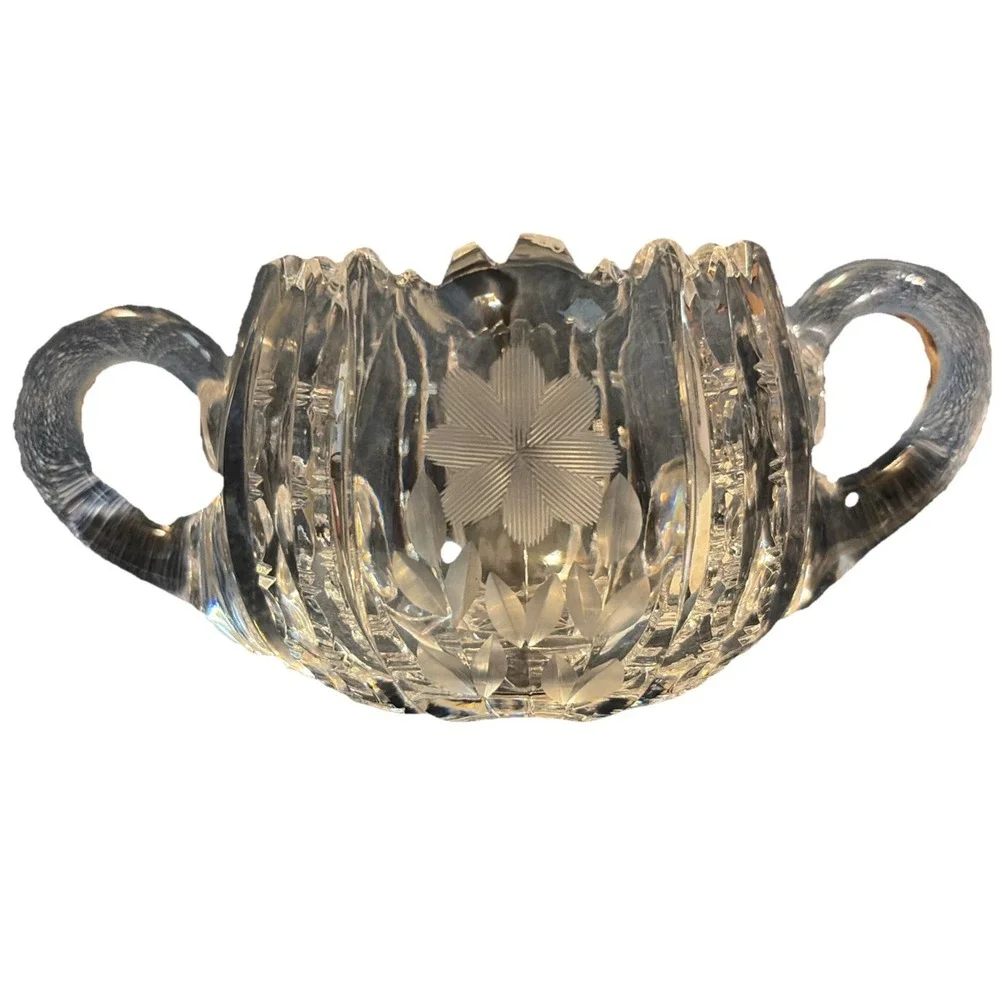 Vtg Heavy Cut Crystal Creamer & Sugar Set‎ Etched Floral Double Handle Sugar
